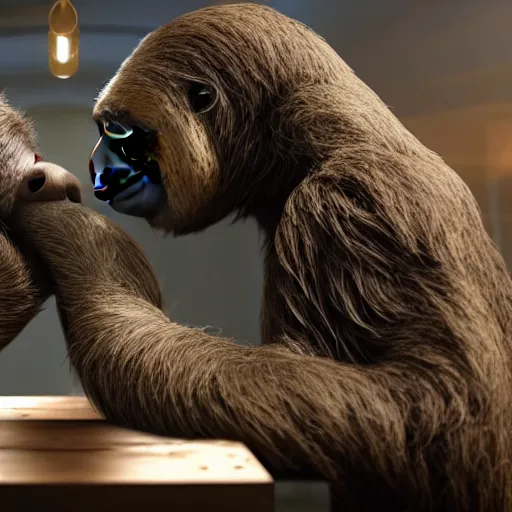 Image similar to a sloth arm wrestling with a gorilla, muscular, intense, action, high definition, highly detailed, cinematic lighting, 4K