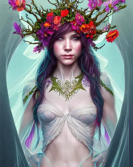 Image similar to digital art, centered full body elven bride with short hair, vivid flower crown ,intricate, veins, by James Jean and by artgerm, by ross tran , ultradetailed, charachter design, concept art, trending on artstation,