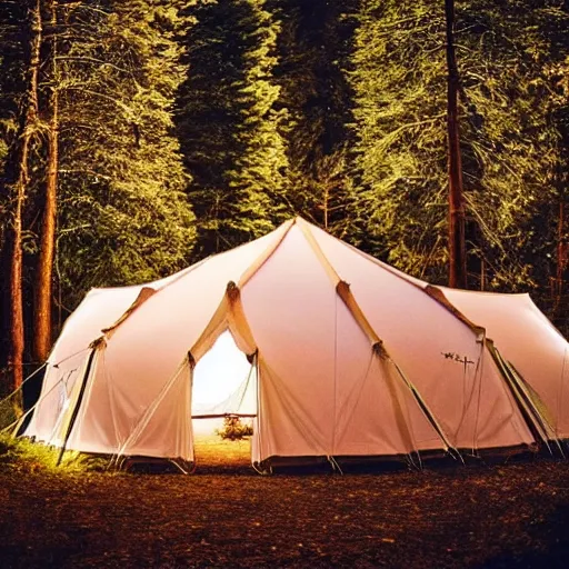 Prompt: fancy tent with light inside it in the middle of the forest, artistic,