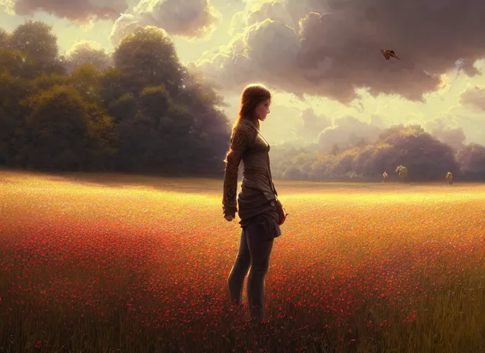 Image similar to detailed intricate digital illustration by greg rutkowski and artgerm and wlop and sanford robinson gifford ; conversion van, beautiful meadow with colorful flowers and puffy clouds in background ; 1 3 mm film, arri alfa anamorphic lens ; sharp focus, golden hour lighting, trending on artstation 4 k ; close view