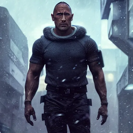 Prompt: a still from Blade Runner 2049 of Dwayne Johnson in futuristic power armor, highly detailed, 4k, cyberpunk