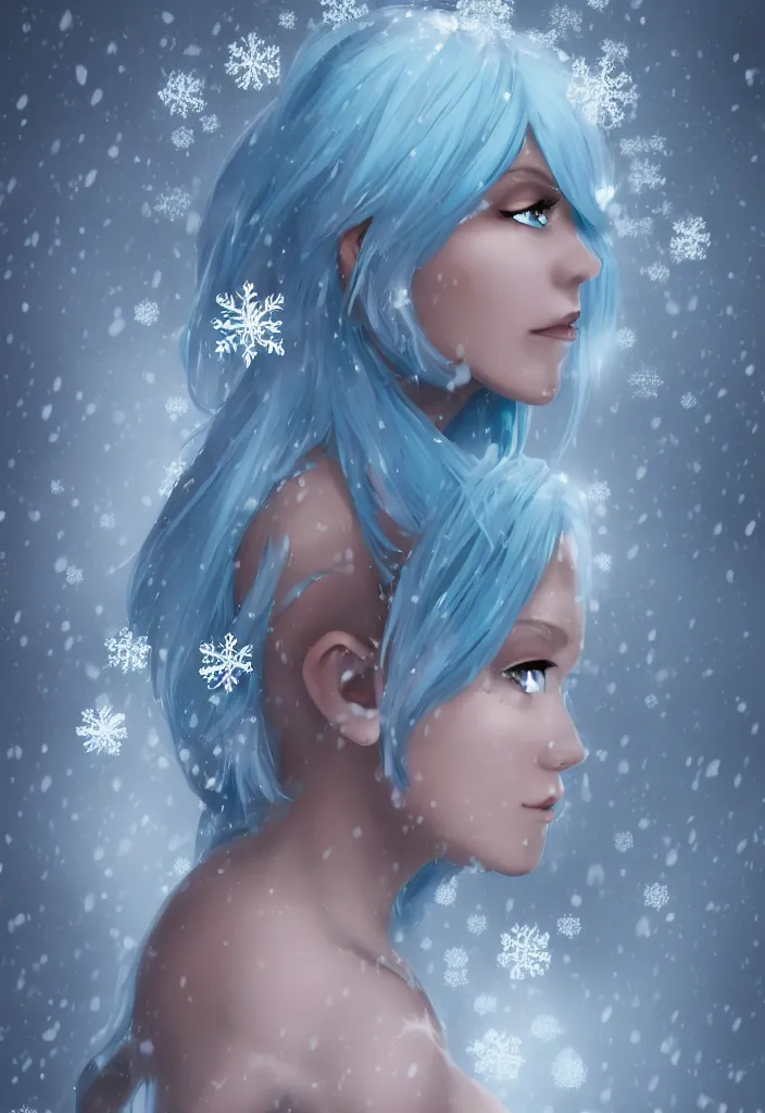 Image similar to full body portrait of a stunningly pretty woman with pale blue hair wearing a dress made out of snowflake in the middle of a snowstorm. award - winning digital art, trending on artstation