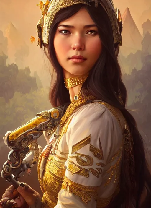 Image similar to portrait of russian mexican asian girl jodhpurs hyperborea lemuria, deep focus, d & d, fantasy, intricate, elegant, highly detailed, digital painting, artstation, concept art, matte, sharp focus, illustration, hearthstone, art by rhads by artgerm and greg rutkowski and alphonse mucha