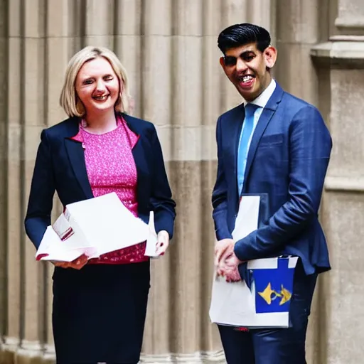 Image similar to Liz truss and Rishi sunak and the devil laughing together in parliament. Daily Telegraph.