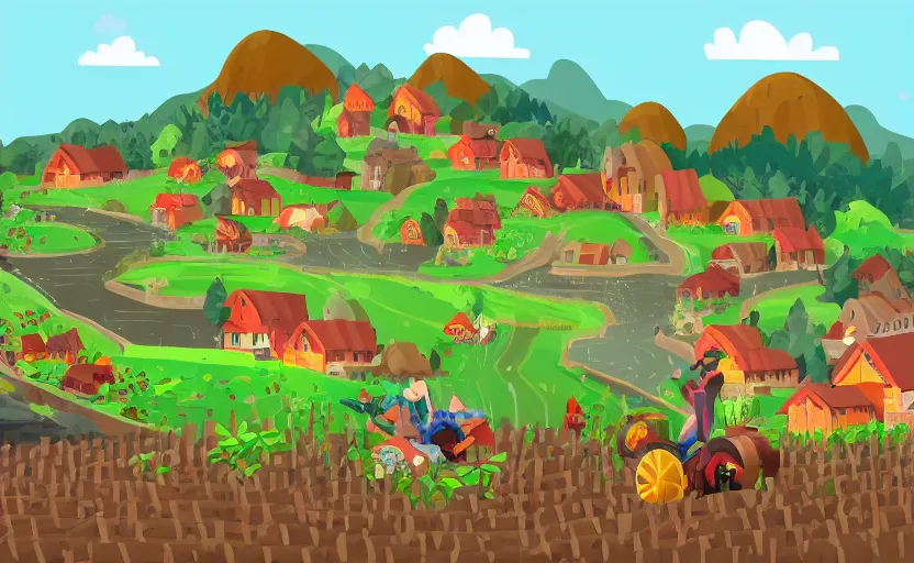 Prompt: some villagers busy farming in a small village in a valley, a dragon approaching from a distance, vector, storybook, complimentary colors, gouache, flat, sharp edges, concept art, print