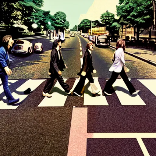 Image similar to beatles crossing abbey road on lsd, hyper detailed, dramatic lighting, cgsociety, realistic, hyper detailed, insane details, intricate, dramatic lighting, hypermaximalist, golden ratio, rule of thirds, octane render, weta digital, micro details, ultra wide angle, artstation trending, 8 k,