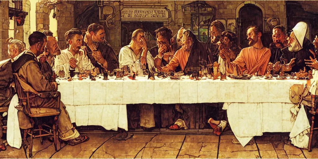 Image similar to the last supper, illustration, joseph christian leyendecker, norman rockwell