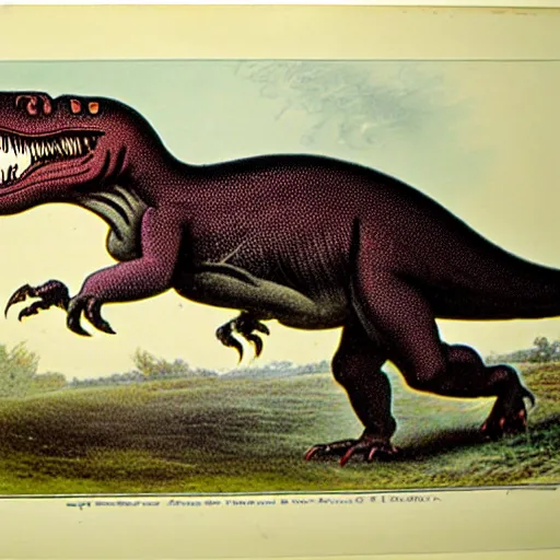 Image similar to antique lithograph from 1 9 0 0 of mr t as a tyrannosaurus rex, running in a field