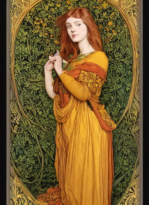Image similar to masterpiece beautiful seductive flowing curves pose preraphaelite portrait photography, straight bangs, yellow ochre ornate medieval dress, mushroom forest arch, william morris and kilian eng and mucha, framed, 4 k
