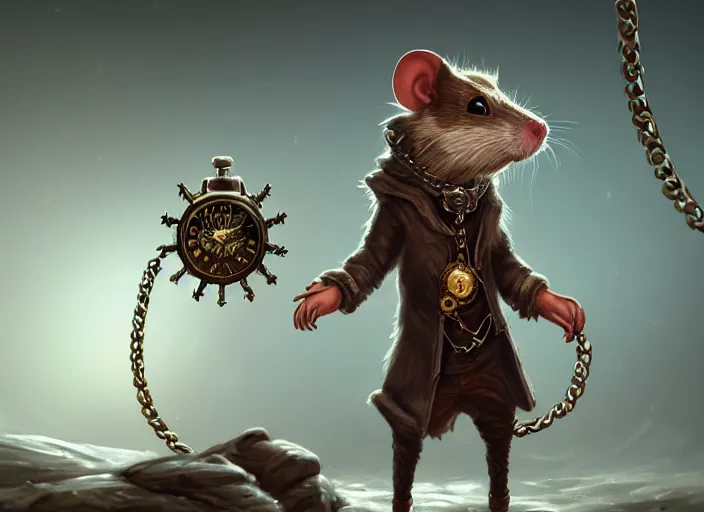 Prompt: a highly detailed illustration of a anthropomorphic rat wearing a long coat, glowing eyes, dramatic standing holding pocket watch with chain pose, infinite space clock background, muscular, intricate, elegant, highly detailed, centered, digital painting, artstation, concept art, smooth, sharp focus, league of legends concept art, wlop