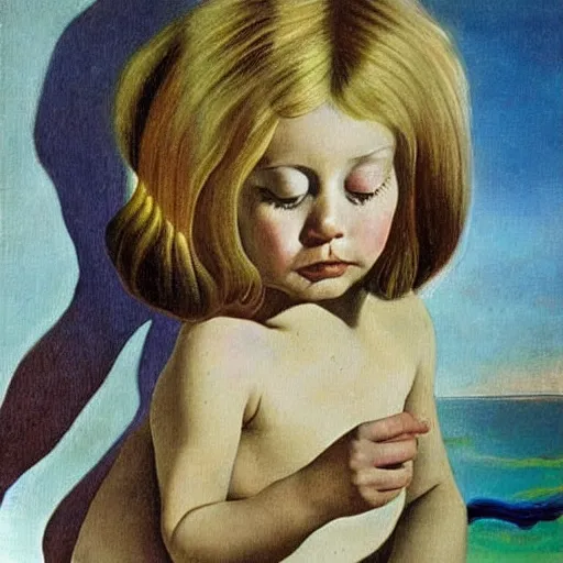 Image similar to A 2 year old girl playing with small abalone shells, blond hair. Painting by Salvador Dali