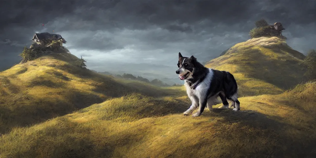 Image similar to breathtaking detailed concept art painting of a dog on the top of a hill. beneath the hill is a tiny village, by hsiao - ron cheng, extremely moody lighting, 8 k