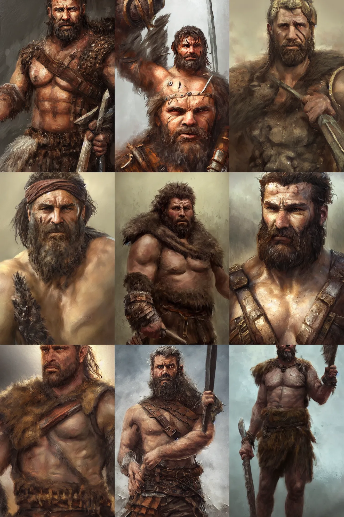 Prompt: a full body high detail fantasy portrait oil painting illustration of a single rugged stoic barbarian man by Justin Sweet with face and body clearly visible, pupils visible, realistic proportions, d&d, rpg, forgotten realms, artstation trending, high quality, sombre mood, artstation trending, muted colours, no crop, entire person visible!,