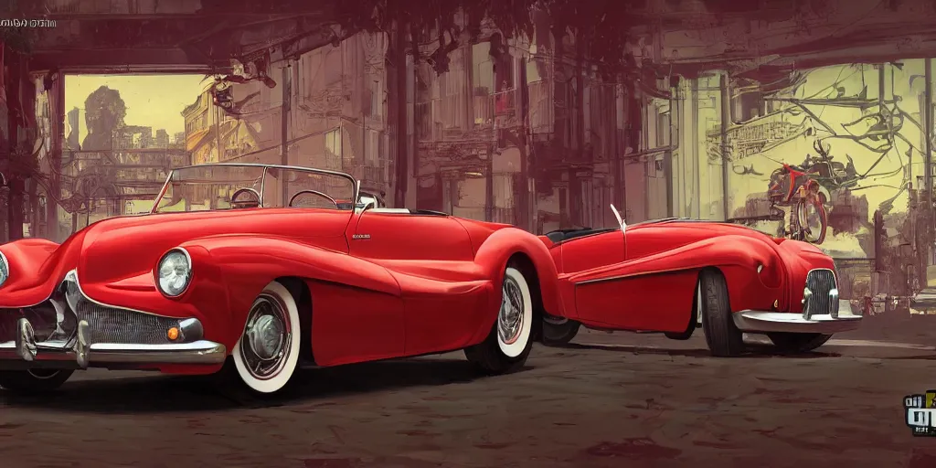 Prompt: front picture of one single 1952 red convertible car as a grand theft auto 5 loading screen, front view, intricate, studio, art by anthony macbain + greg rutkowski + alphonse mucha, concept art, 4k, sharp focus