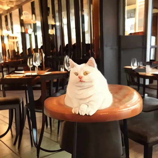 Image similar to chonky cats living lavish life drinking wine eating at the restaurant