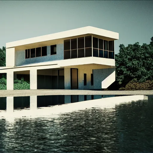 Image similar to brutalist villa on edge of a lake, antoni gaudi and le corbusier, photorealistic, cinematic, volume light, rendered in octane, artstation