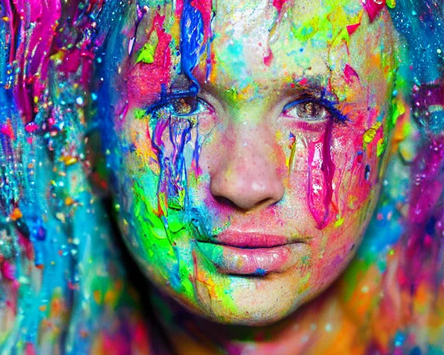 Prompt: still shot close up footage of the portrait of a female head made of acrylic pour and coloured powder explosion and splashing paint and dripping paint and flying paint chunks, motion blur, hyperrealistic, medical, intricate art photography, anatomically correct, realistic crisp textures, 1 6 k