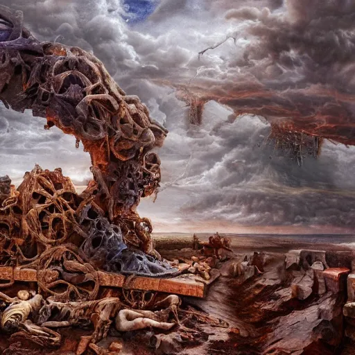 Image similar to the destruction of human morality, 4 k, highly detailed, surrealism