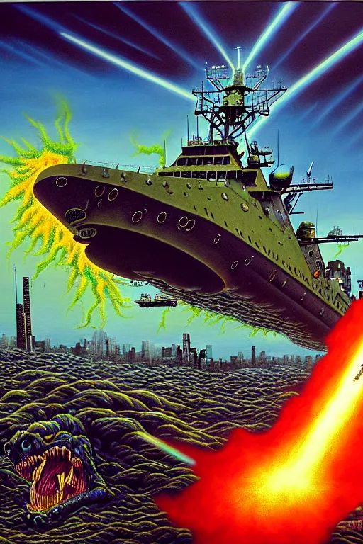 Image similar to a hyperrealistic painting of a battle ship firing at monster taking over city, cinematic horror by jimmy alonzo, the art of skinner, chris cunningham, lisa frank, richard corben, highly detailed, vivid color,