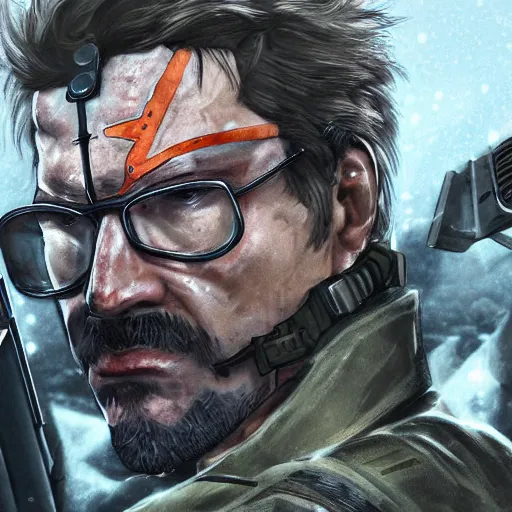 Image similar to Solid Snake from MGS and Gordon Freeman from Half-Life fight on an abandoned military base, winter, very detailed, hyper realism, epic, close-up fight, digital art, concept art, illustration, artstation, cgi, 4k