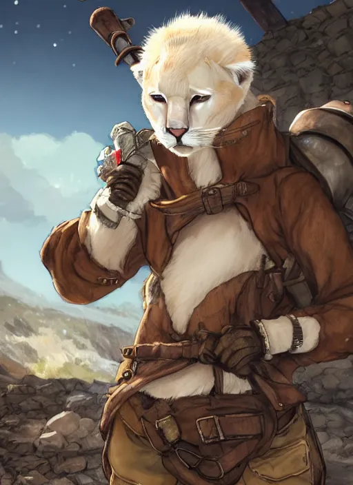 Prompt: character portrait of a (((anthro))) albino mountain lion wearing miner's clothes at the mines. hidari, color page, tankoban, 4K, tone mapping, Akihiko Yoshida.