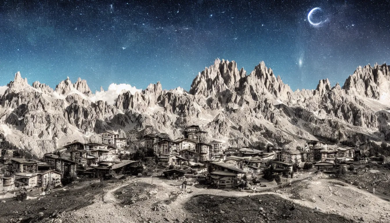 Prompt: a sci - fi town in the dolomites mountains, spaceships in the starry sky