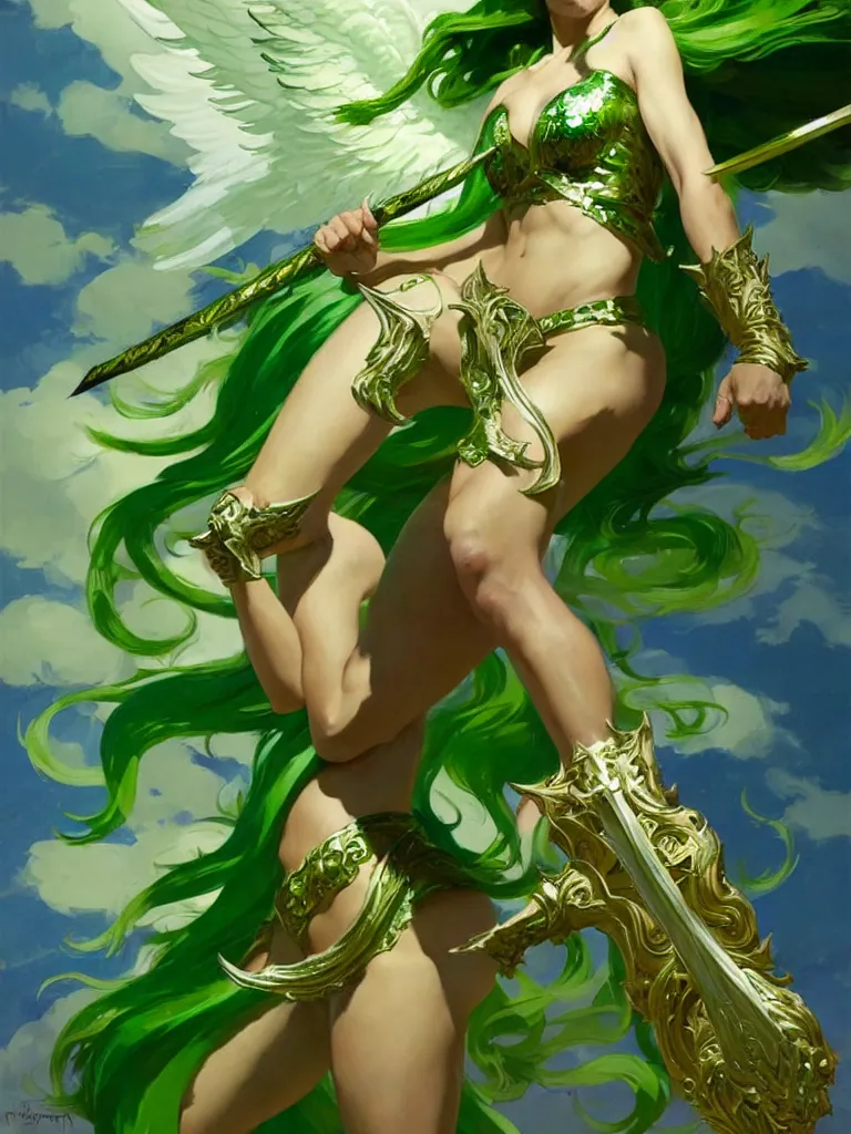 Image similar to greg manchess painting of a goddess of hunt wearing shiny mythical green clothes, green and white long hair, long wings, large angelic sword, soft lighting, single character art, trending on artstation, by huang guangjian and gil elvgren and sachin teng