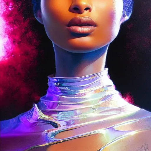 Image similar to ! dream electric yara shahidi, afrofuturism, cute - fine - face, pretty face, oil slick hair, realistic shaded perfect face, extremely fine details, realistic shaded lighting, dynamic background, oil painting, by greg rutkowski