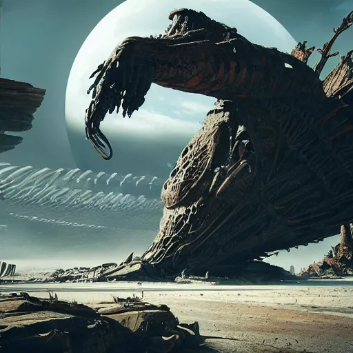 Image similar to the remains of a colossal creature lie on on a deserted planet, illustration, epic, sci - fi, hyper detailed, smooth, unreal engine 5, sharp focus, ray tracing