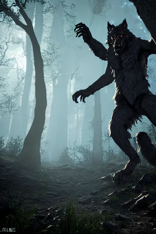 Image similar to werewolf from van helsing unreal engine hyperreallistic render 8k character concept art moon forest