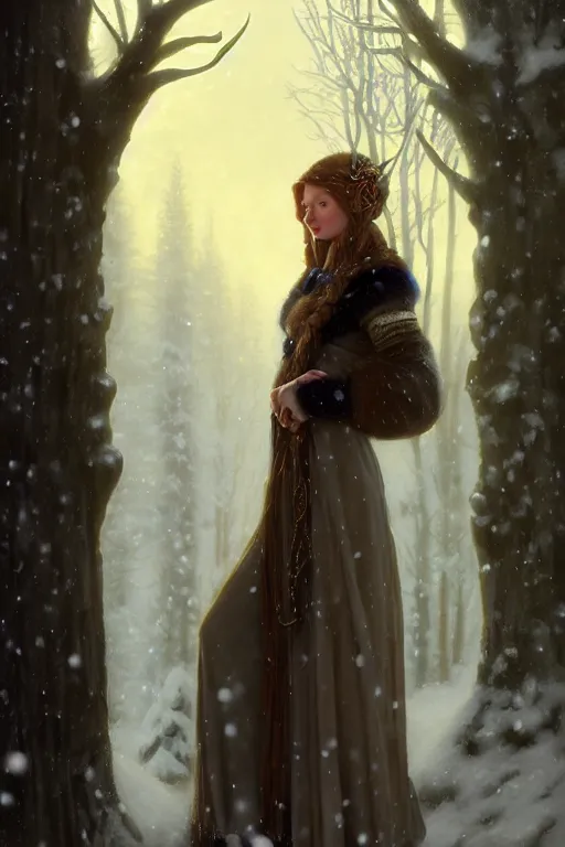 Prompt: nostalgia for a fairytale, nordic, snowing, medieval maiden dressed in furs, long hair, tall and thin, illustration, dramatic lighting, soft details, painting, art nouveau, octane render, 8 k, hd, by edmund blair leighton, brom, charlie bowater, faces by otto schmidt