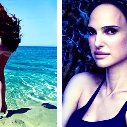 Prompt: headshot of Natalie Portman cosplaying as Nami from One Piece standing on a beach, cosplay, close up, photo by Sarah Moon