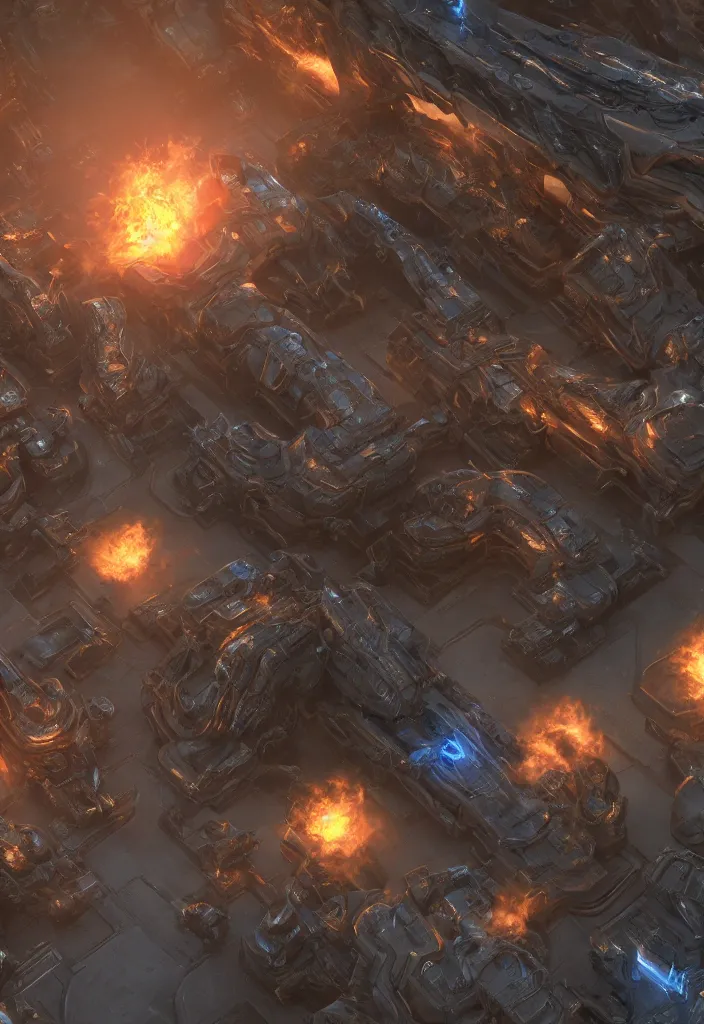 Image similar to protoss base with units warping from the gate, realistic, soft natural volumetric lighting, beautifully detailed 4 k octane render, 4 k post processing 8 k