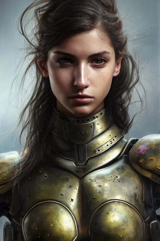 Image similar to a photorealistic painted portrait of an attractive young girl, partially clothed in metal-plated battle armor, olive skin, long dark hair, flawless skin, beautiful bone structure, symmetric facial features, perfect photorealistic eyes, natural physique, intricate, elegant, digital painting, concept art, finely detailed, beautifully illustrated, sharp focus, minimal artifacts, from Metal Gear, by Ruan Jia and Mandy Jurgens and Artgerm and William-Adolphe Bouguerea, trending on Artstation, award winning art