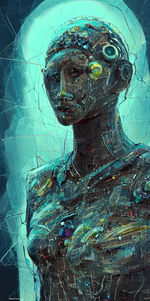 Image similar to concept art of a cybernetic insects life form based on silica crystal, on a rock background, surrounded by spirals of fog, grimy, gritty, trending on artstation, award winning painting, close portrait, cgi, art by carne griffiths and charles gwathmey