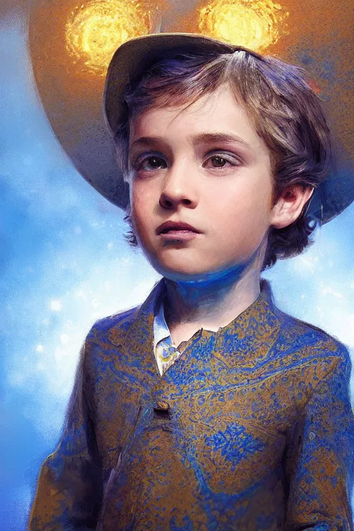 Image similar to little boy, close - up portrait, the portrait is decorated with blue and gold art deco patterns, powerfull, intricate, elegant, volumetric lighting, scenery, digital painting, highly detailed, artstation, sharp focus, illustration, concept art, ruan jia, steve mccurry