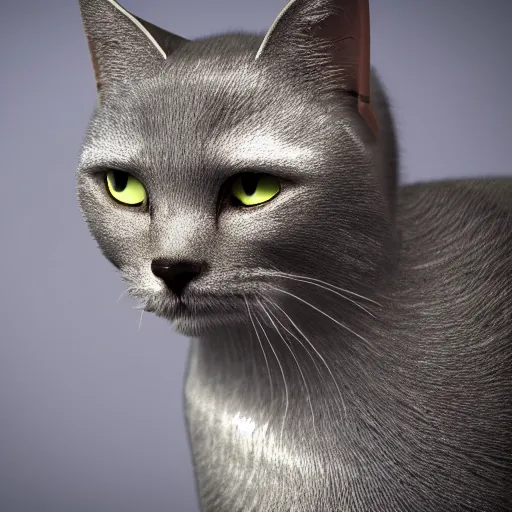 Image similar to A detailed 3d render of a cat with silver metal fur, bokeh, 8K, volumetric lighting