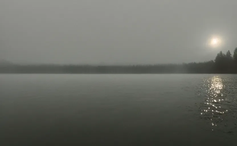 Prompt: low angle camera lens is just above the water surface of a lake, scene from a film directed by charlie kaufman ( 2 0 0 1 ), foggy volumetric light morning, extremely moody, cinematic, anamorphic lens wide angle