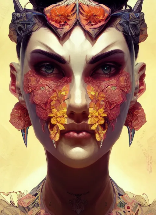 Image similar to symmetry portrait of floral borderlands 3 psycho, intricate, elegant, highly detailed, digital painting, artstation, concept art, smooth, sharp focus, illustration, art by artgerm and greg rutkowski and alphonse mucha, 8 k