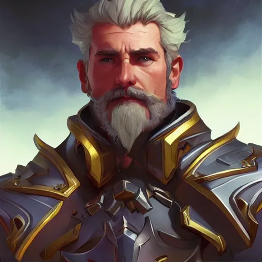 Image similar to high fantasy character portrait of Reinhardt from Overwatch, intricate, wild, highly detailed, digital painting, artstation, concept art, smooth, sharp focus, illustration, art by artgerm and greg rutkowski and alphonse mucha