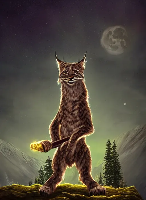 Image similar to anthropomorphic lynx holding a golden shiny scepter, night, spruce trees on the sides, mountains in the background, eerie dark atmosphere, moonlit, back light, fantasy movie, fantasy art, fantasy matte painting, trending on artstation