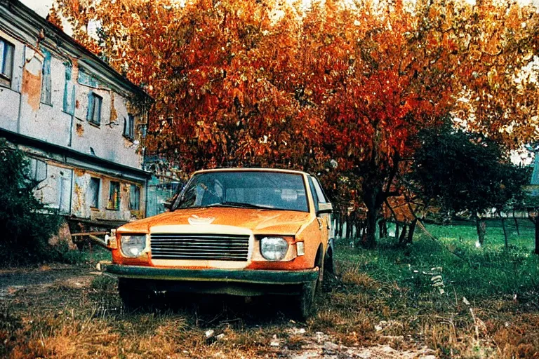 Image similar to a lomographic photo of old lada 2 1 0 7 standing in typical soviet yard in small town, autumn, cinestill, bokeh