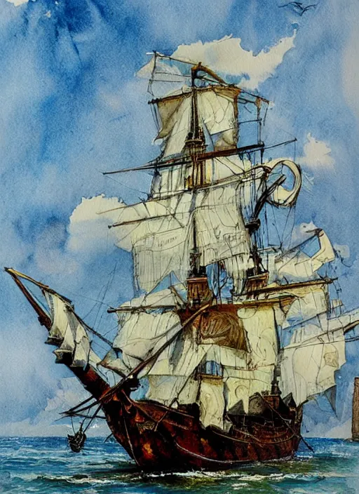 Image similar to photo realistic galleon, art by harvey dunn and howard pyle, illustration, watercolor art,