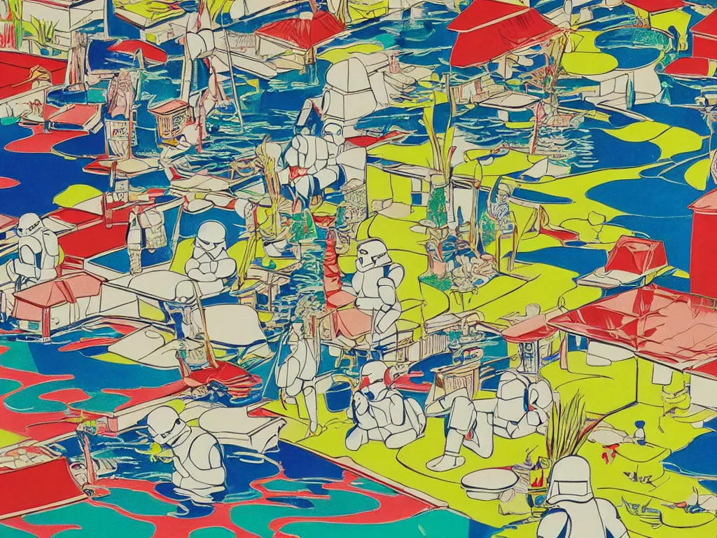 Image similar to close - up image of a japanese house with a pond, stormtroopers sitting around it, pop - art style, the style of andy warhol, roy lichtenstein and jackie tsai, bright and saturated palette, acrylic on canvas