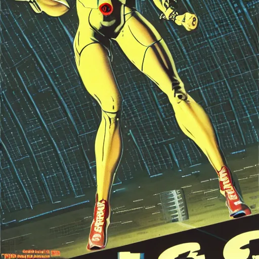 Image similar to Trinity the matrix, Female sprinter in athletic attire with cyborg legs, metal body, diesel punk, athletic footage, 1980's, olympics, cinematic, art deco