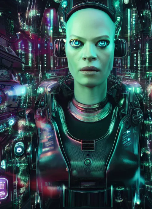 Prompt: 35mm portrait of a 7 of 9 borg with eye implant, on the background of a weird magical mechanical forest. Round gears visible inside her hear. Very detailed 8k. Fantasy cyberpunk horror. Sharp. Unreal 5 render with nanite, global illumination and path tracing. Cinematic post-processing