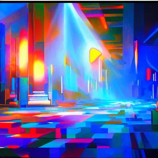 Prompt: An A.I. listens to music and generates a video - contest-winning artwork. Stunning lighting, oil on canvas