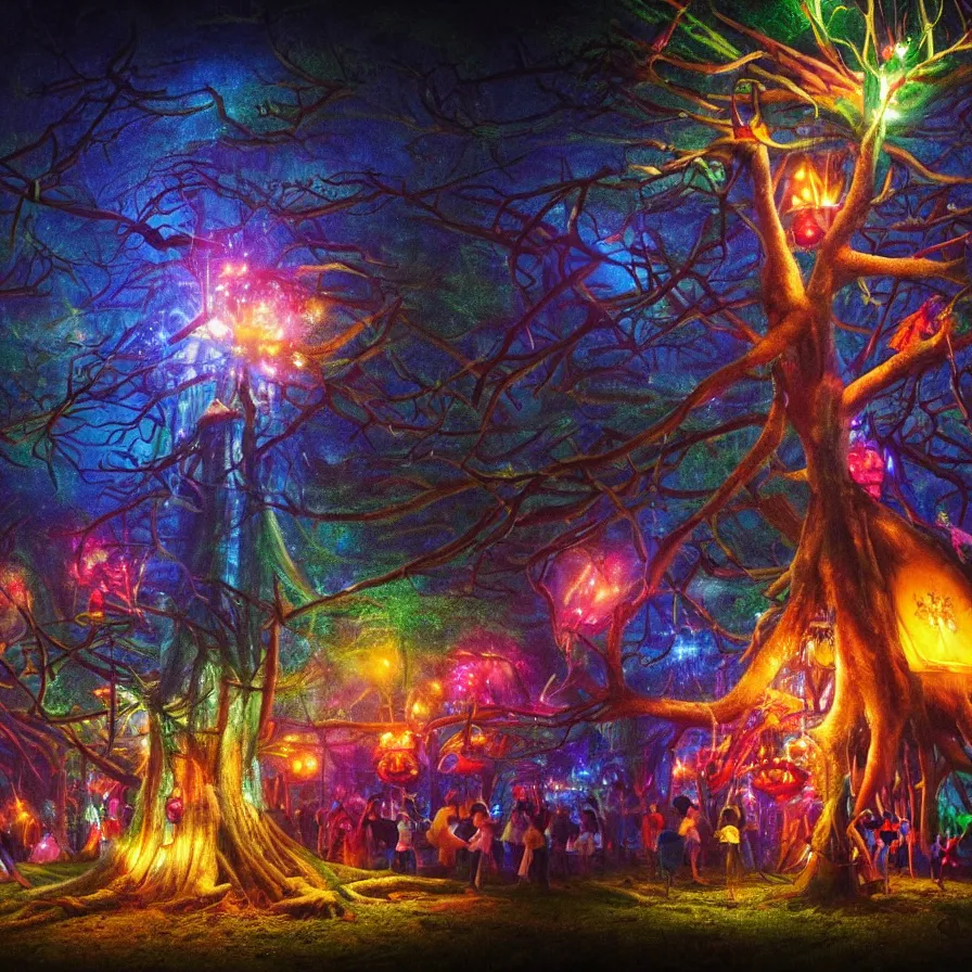 Image similar to closeup of a night carnival inside a tree cavity in a magical forest in the middle of a summer storm, with a music scenario with many fireworks and christmas lights, volumetric lightning, instense god rays in the sky, folklore people disguised with fantastic creatures in a magical forest by summer night, masterpiece painted by koson ohara, very coherent and colorful high contrast masterpiece,