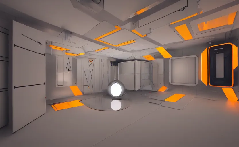 Prompt: space room with unorthodox geometric shapes with led computer interfaces on the floor, ceiling and walls. a robot assistant is idle inside a transparent container built into the wall. orange and grey color scheme, high contrast, octane render, ray - tracing, 4 k, desktop wallpaper