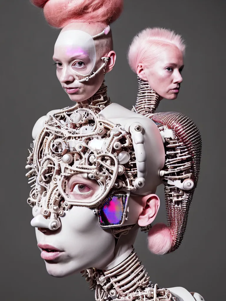 Image similar to portrait of a biomechanical goddess wearing a big pearl studded iridescent beauty mask and pink hair buns, wearing a black bodysuit by alexander mcqueen, cream white background, soft diffused light, biotechnology, humanoid robot, perfectly symmetric, bjork aesthetic, translucent, by rineke dijkstra, intricate details, highly detailed, masterpiece,